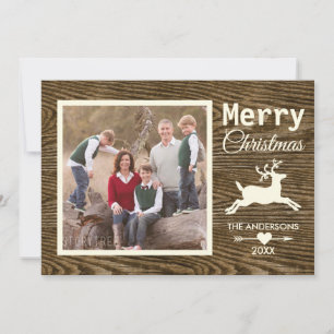 Frohe Weihnachts-Rentier Rustic Wood Family Foto Feiertagskarte