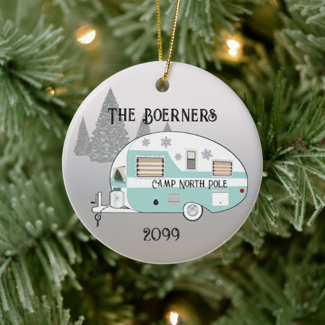 Frohe Weihnachts Retro Camper Trailer Camper Keramik Ornament (Baum)