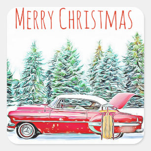 Frohe Weihnachts Retro Car und Schlitten Wintery Quadratischer Aufkleber