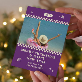 Frohe Weihnachts Retro Lila Foto Personalisiert Feiertagskarte