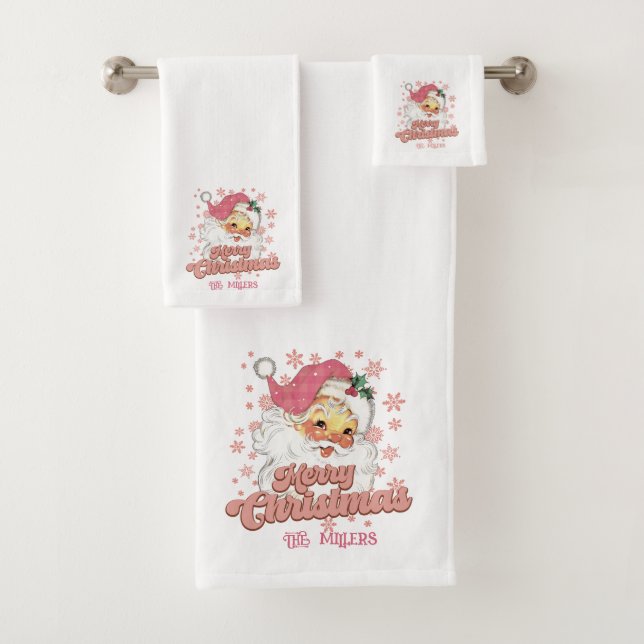 Frohe Weihnachts Retro Typografie Santa Pink Hat Badhandtuch Set (Insitu)