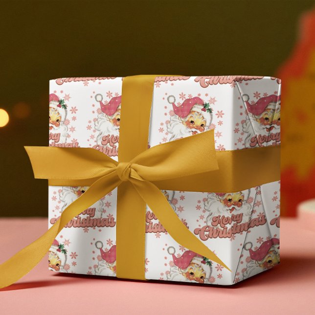 Frohe Weihnachts Retro Typografie Santa Pink Hat Geschenkpapier (Von Creator hochgeladen)