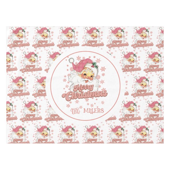 Frohe Weihnachts Retro Typografie Santa Pink Hat Tischdecke (Vorderseite (Horizontal))