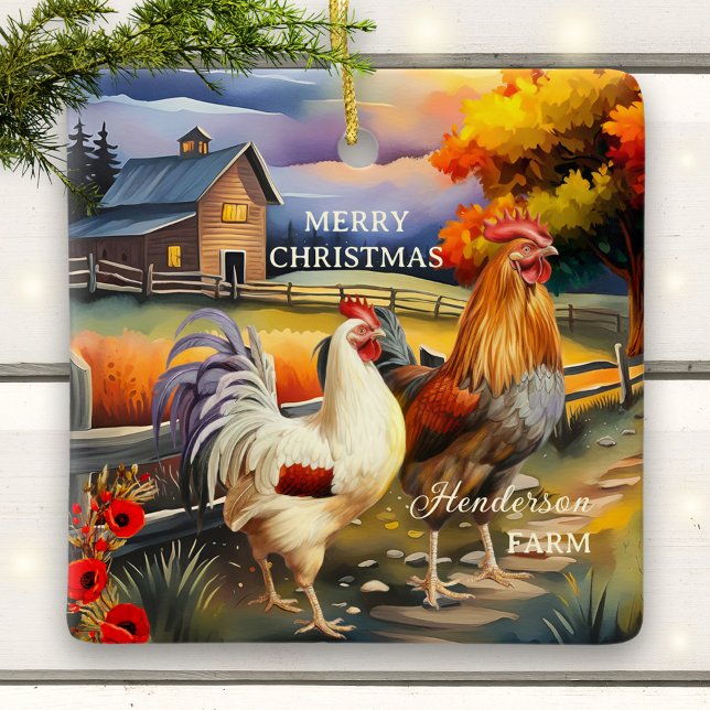 Frohe Weihnachts-Rooster-Hühnerfarm Keramikornament (Christmas ceramic ornament featuring a colorful painting of a rooster and chicken - farmhouse)