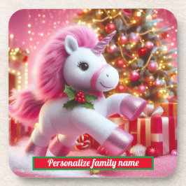 Frohe Weihnachts Rosa Einhorn Hard-Kunststoff-Unte Getränkeuntersetzer