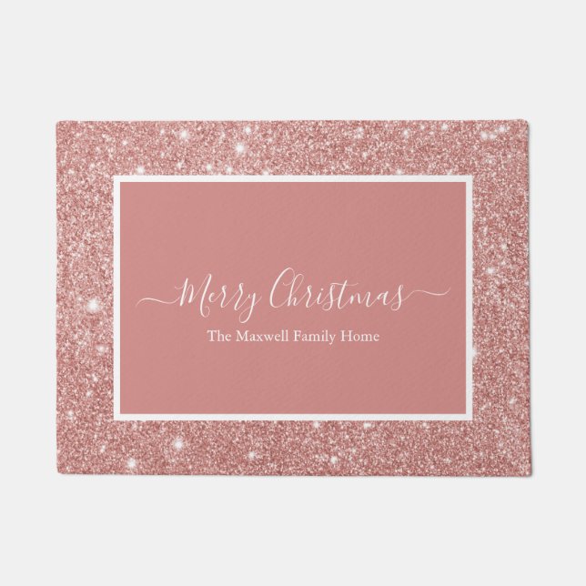 Frohe Weihnachts-Rose Gold Glitzer Familienname Fußmatte (Vorderseite)