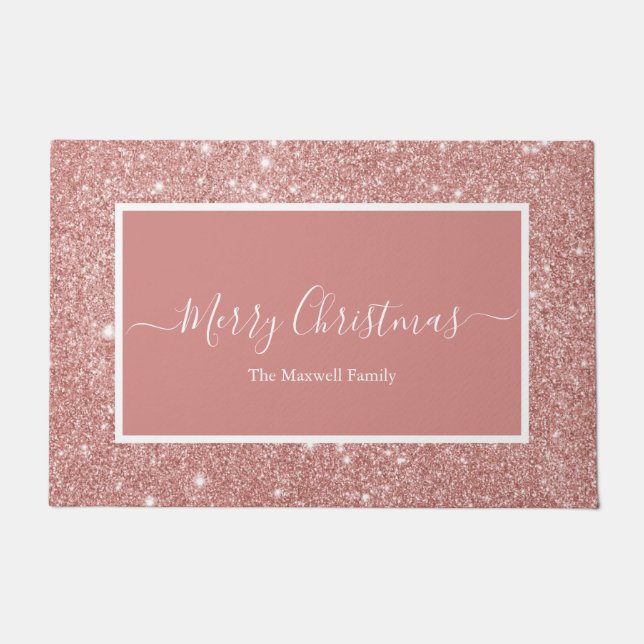 Frohe Weihnachts-Rose Gold Glitzer Familienname To Fußmatte (Vorderseite)
