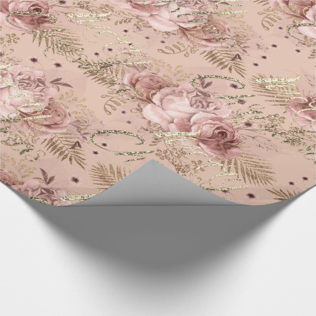 Frohe Weihnachts-Rose Gold Glitzer Script floral Geschenkpapier (Ecke)