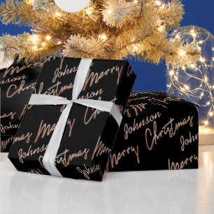Frohe Weihnachts-Rose Gold-Script aus Name Black  Geschenkpapier
