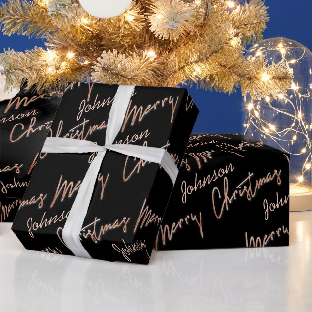 Frohe Weihnachts-Rose Gold-Script aus Name Black Geschenkpapier (Feiertage)