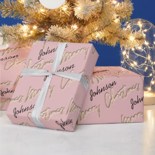 Frohe Weihnachts-Rose Gold Script Name Blush Geschenkpapier