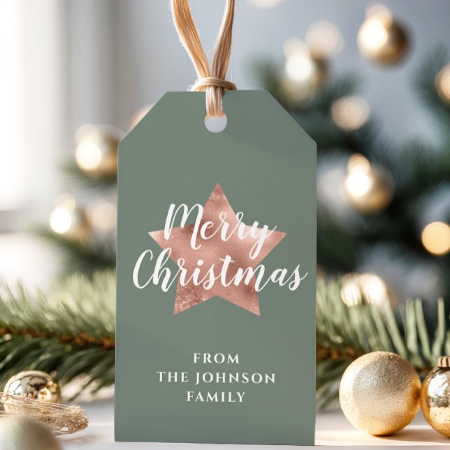 Frohe Weihnachts-Rose Gold Star Sage Green Geschenkanhänger (Merry Christmas Rose Gold Star Sage Green Gift Tags)