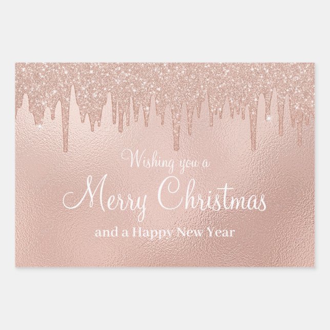 Frohe Weihnachts-Rose Gold Tropfen Glam Girl Geschenkpapier Set (Vorderseite)