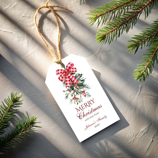 Frohe Weihnachts-Rosengärten rustikal Geschenkanhänger (Merry Christmas red bow pines rustic Gift Tags personalized gift tags customized Christmas gift tags)