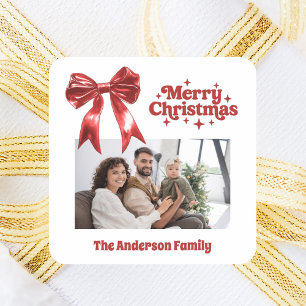 Frohe Weihnachts-Rot-Bogen-Retro-Foto Quadratischer Aufkleber