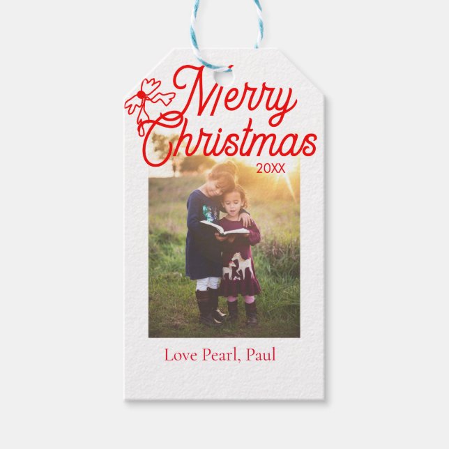 Frohe Weihnachts-Rot-Bug-Kinder Foto modern und el Geschenkanhänger (Vorderseite)