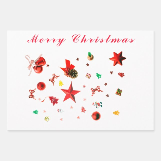 Frohe Weihnachts Rot gemischte Ornamente mit Text Geschenkpapier Set (Vorderseite 2)