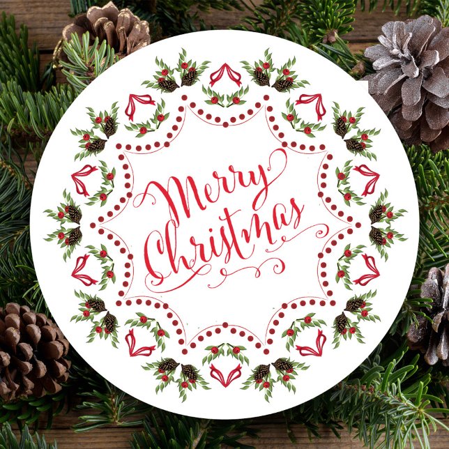 Frohe Weihnachts Rot Grün Pinecone Party QR Code Einladung (Merry Christmas holiday party invitation with whimsical calligraphy script. )