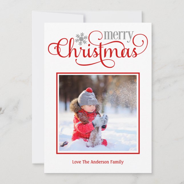 Frohe Weihnachts-Rot-Script-Foto Feiertagskarte (Vorderseite)