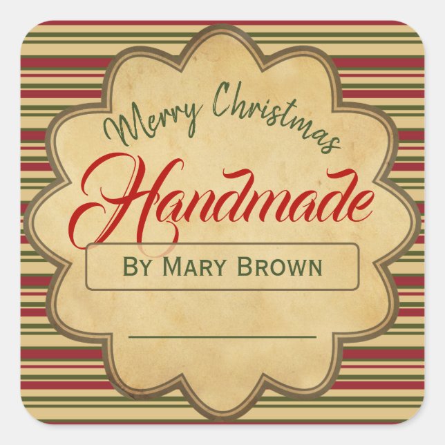 Frohe Weihnachts Rot Streifen Handmade Vintag Quadratischer Aufkleber (Vorderseite)