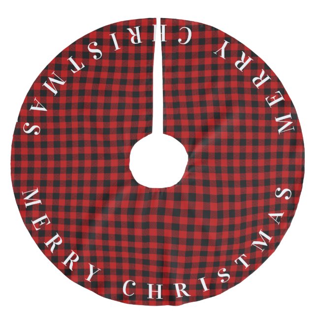Frohe Weihnachts Rot und Black Buffalo Kariert Polyester Weihnachtsbaumdecke (Vorderseite)