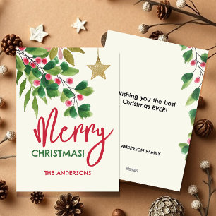 Frohe Weihnachts-Rot-und grüne Wasserfarben Branch Feiertagskarte