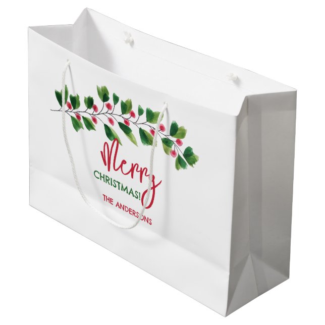 Frohe Weihnachts-Rot-und grüne Wasserfarbenzweig Große Geschenktüte (Vorderseite Schrägansicht)