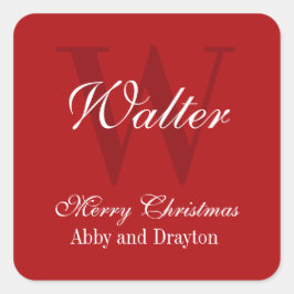 Frohe Weihnachts Rot und Weiß Custom Monogram Quadratischer Aufkleber
