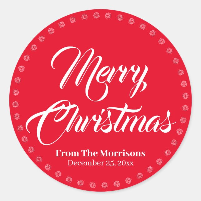 Frohe Weihnachts rot weißen Skriptnamen bevorzugen Runder Aufkleber (Vorderseite)