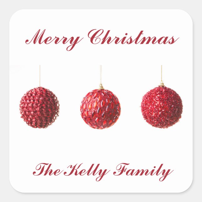 Frohe Weihnachts Rote Balls Dekoration mit Text Quadratischer Aufkleber (Vorderseite)