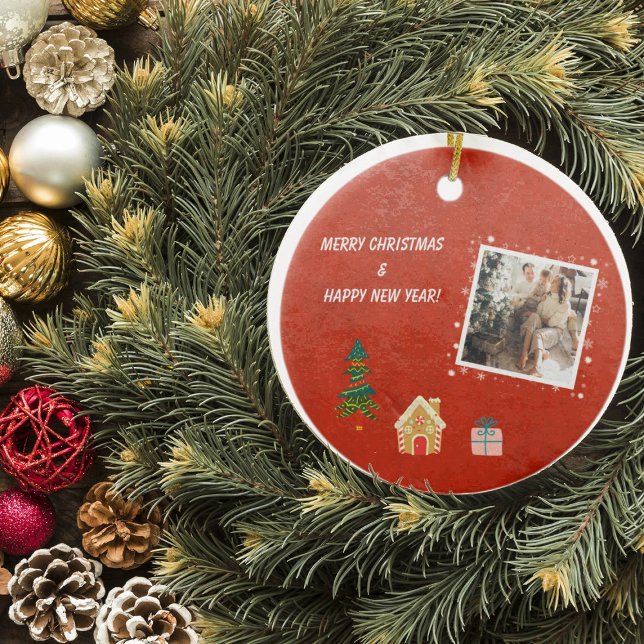 Frohe Weihnachts-Rote-Familie Foto Keramik Ornament (Von Creator hochgeladen)