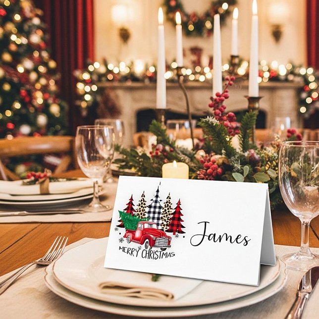 Frohe Weihnachts rote LKW und Bäume Platzkarte (Von Creator hochgeladen)