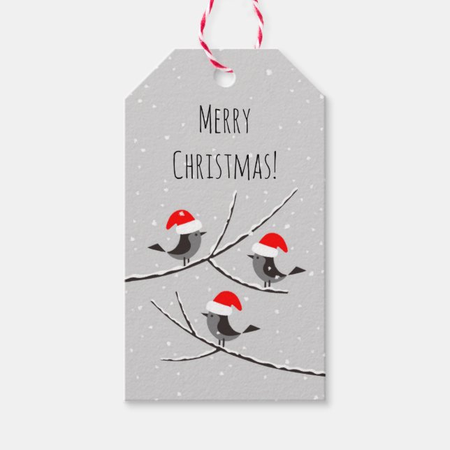 Frohe Weihnachts Rote Weihnachtsmannmütze Vögel Sc Geschenkanhänger (Vorderseite)