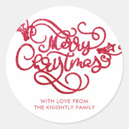 Frohe Weihnachts Roter Glitzer Script Typografie Runder Aufkleber