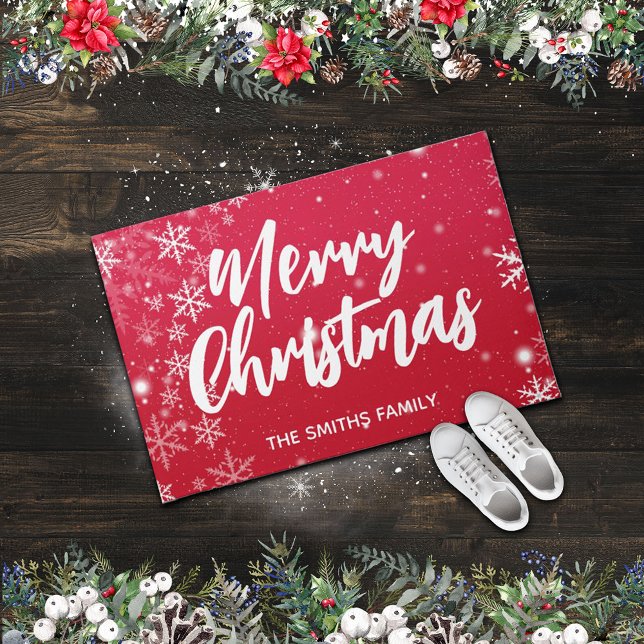 Frohe Weihnachts Roter Hintergrund mit Schneeflock Fußmatte (Von Creator hochgeladen)