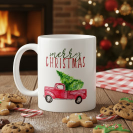 Frohe Weihnachts Roter Lieferwagen LKW Baum Aquare Kaffeetasse