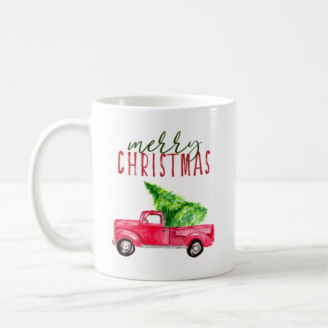 Frohe Weihnachts Roter Lieferwagen LKW Baum Aquare Kaffeetasse (Links)