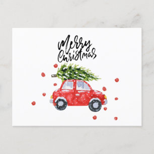 Frohe Weihnachts rotes Auto mit Weihnachtsbaum     Postkarte