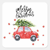 Frohe Weihnachts-rotes Auto mit Weihnachtsbaum wei