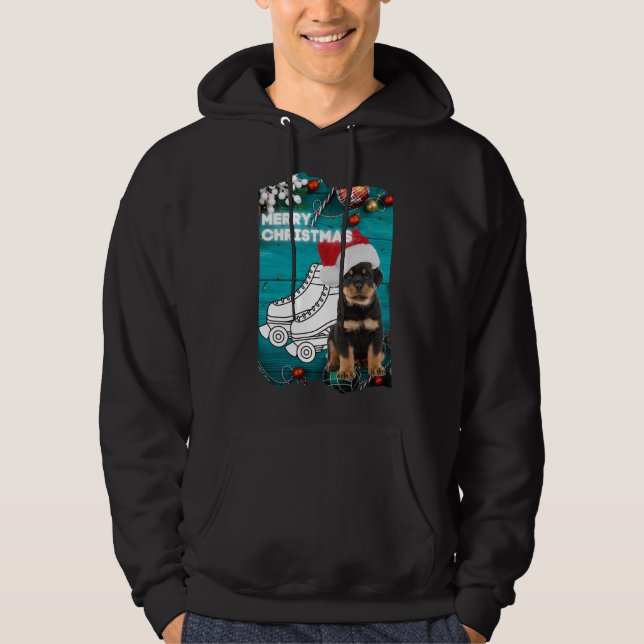 Frohe Weihnachts-Rottweiler-Welpe mit Roller-Skate Hoodie (Vorderseite)