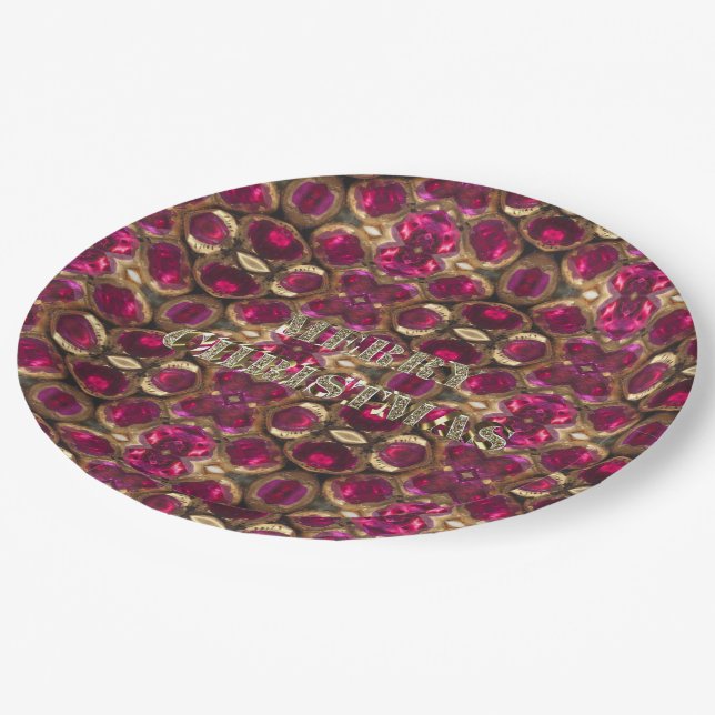 Frohe Weihnachts Ruby Gold Gemstone Muster Chic Pappteller (Schrägansicht)