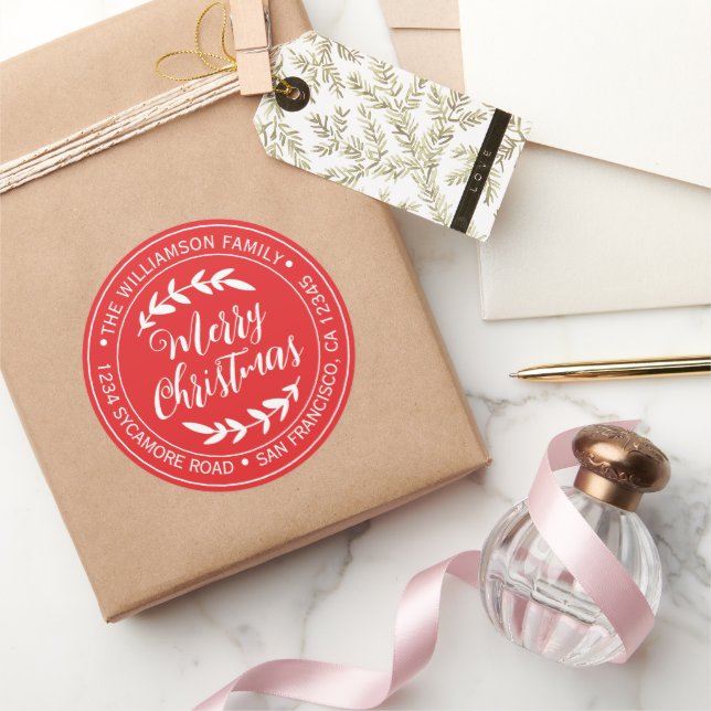 Frohe Weihnachts-Rücksendeadresse Bright Red Runder Aufkleber (Schenken)