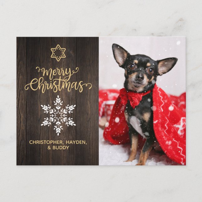Frohe Weihnachts-Schneeflocke und Holz-Hund-Foto Postkarte (Vorderseite)