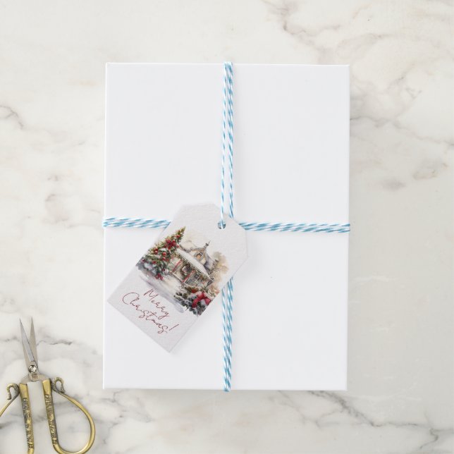 Frohe Weihnachts-Schneehaus Weihnachtsbaumen Geschenkanhänger (Mit Garn)