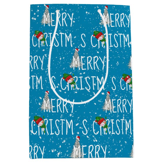 Frohe Weihnachts-Schneemann in Schneeflocken Mittlere Geschenktüte (Vorderseite)