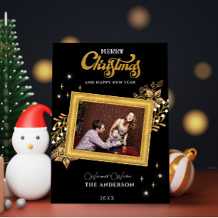 Frohe Weihnachts-Schwarz-Gold-Bogen-Foto-Urlaub Einladung