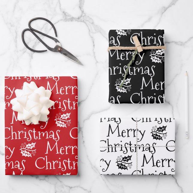 Frohe Weihnachts Schwarz Mistletoe niedlich Geschenkpapier Set (Vorderseite)