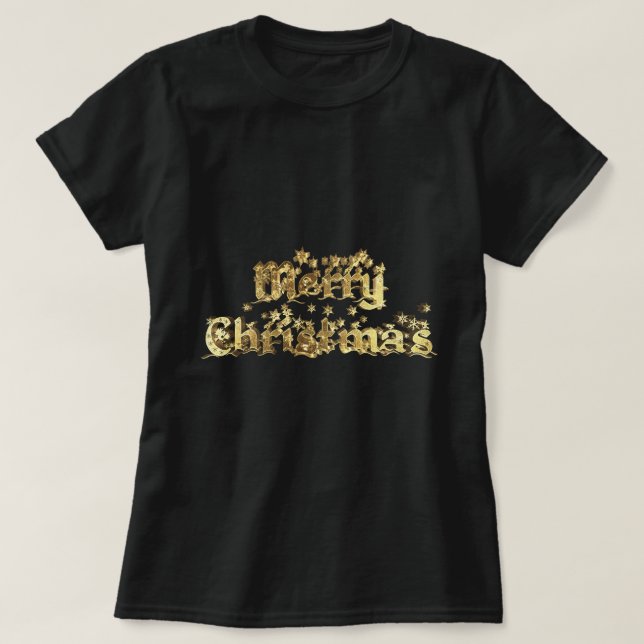 Frohe Weihnachts Schwarz und Gold Stars Typografie T-Shirt (Design vorne)