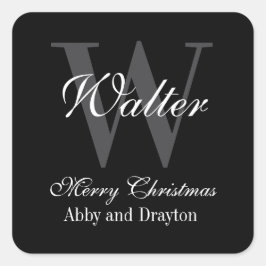 Frohe Weihnachts Schwarz und Weiß Custom Monogram Quadratischer Aufkleber