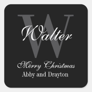 Frohe Weihnachts Schwarz und Weiß Custom Monogram Quadratischer Aufkleber